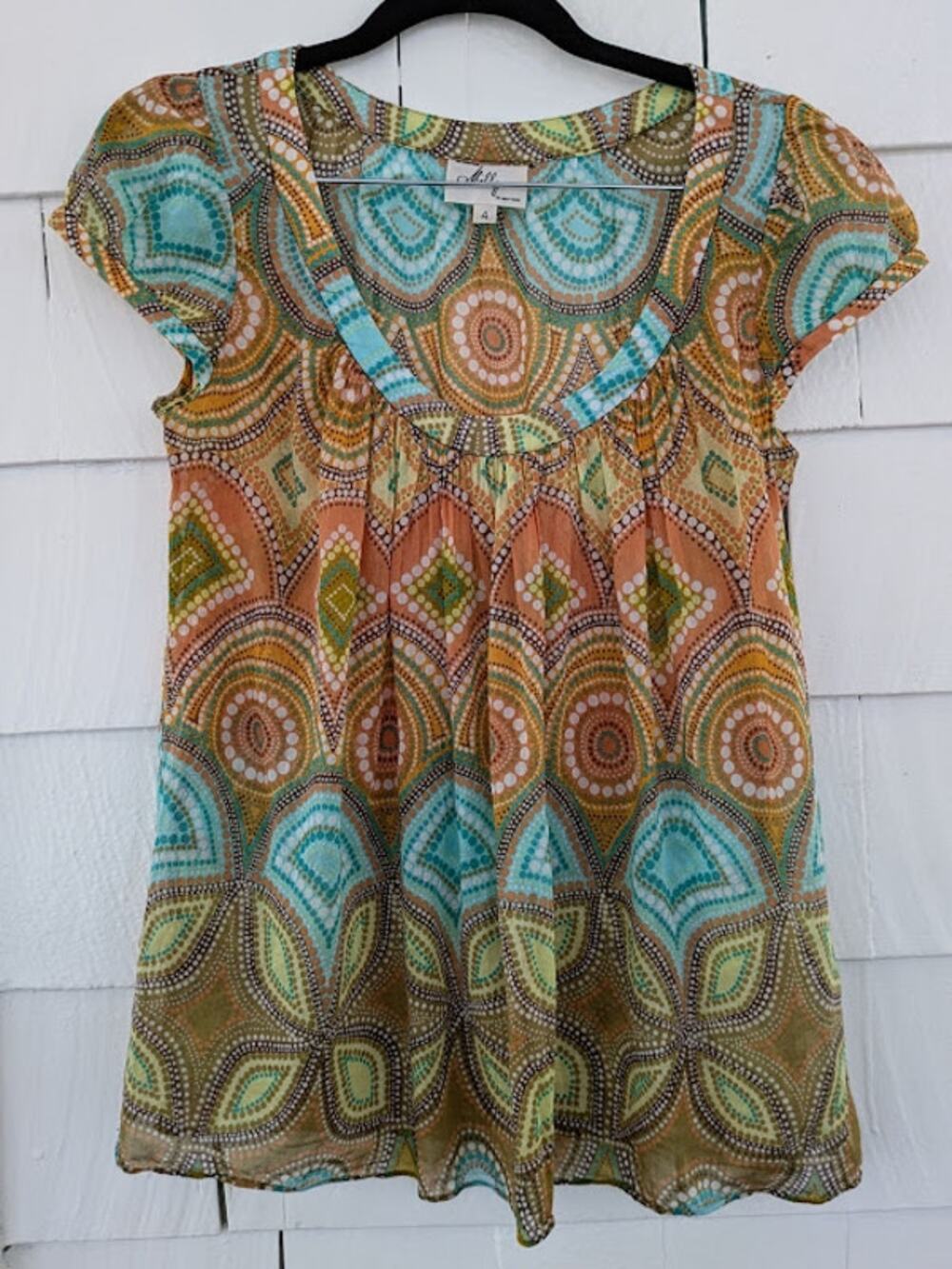 Milly Women's 4 Artsy Abstract Geo Print Semi-Sheer Beachy Flowy Retro Boho Top